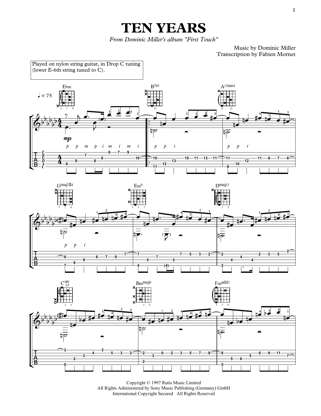 Dominic Miller Ten Years sheet music notes and chords arranged for Solo Guitar