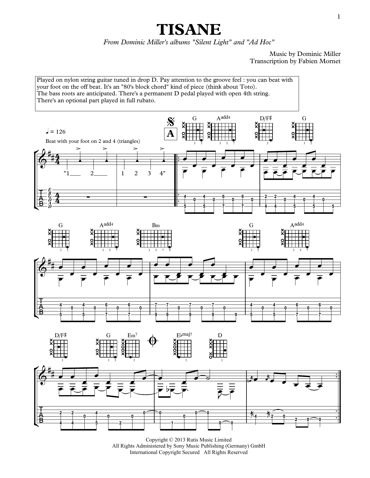 Dominic Miller Tisane sheet music notes and chords arranged for Solo Guitar