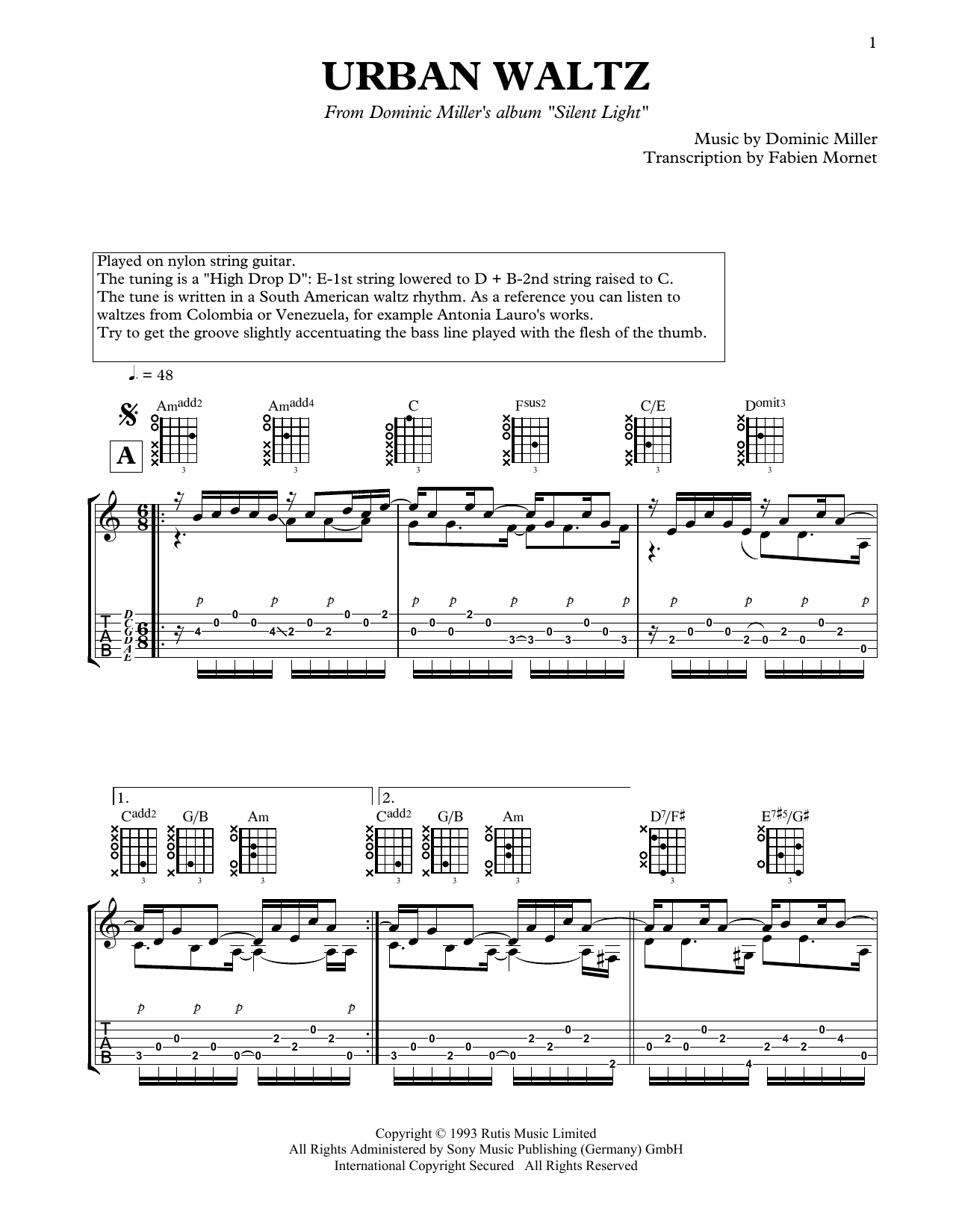 Dominic Miller Urban Waltz sheet music notes and chords arranged for Solo Guitar