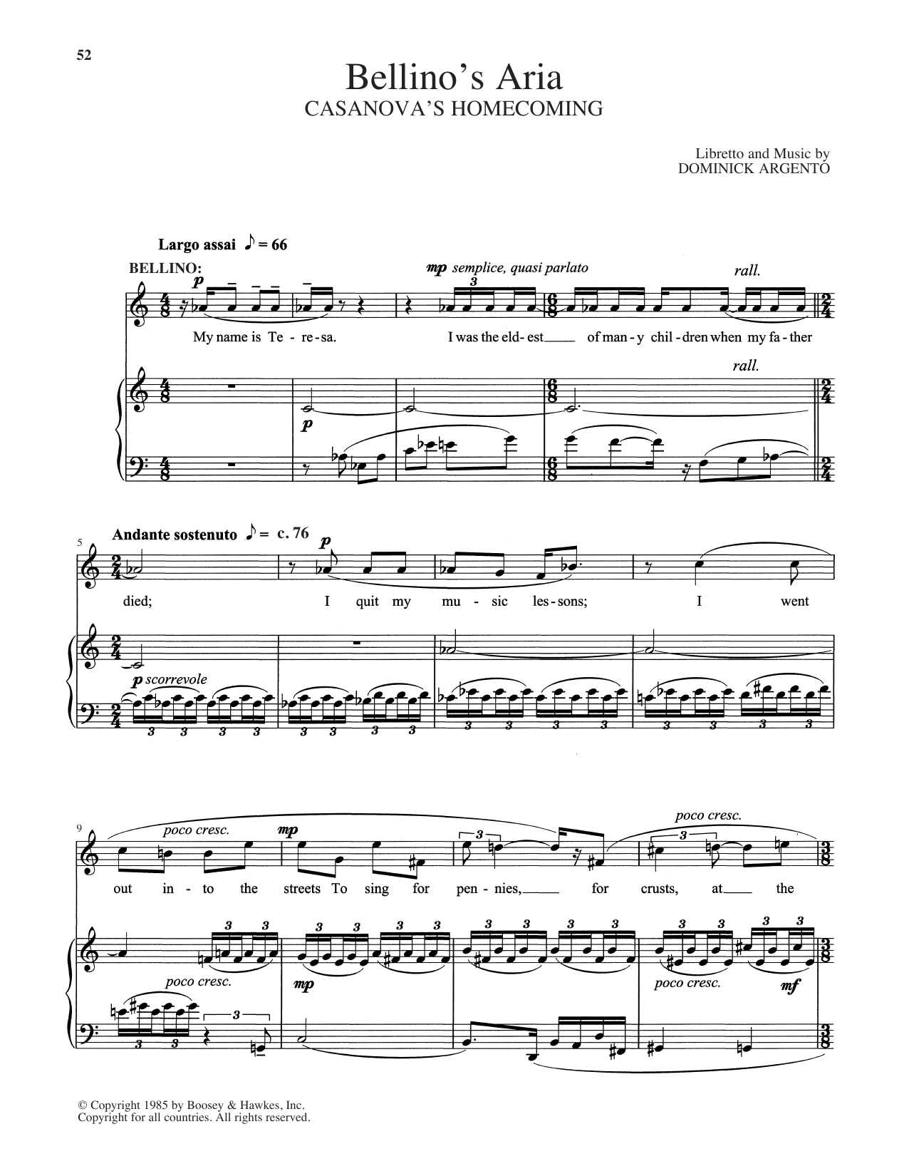 Dominick Argento Bellino's Aria sheet music notes and chords arranged for Piano & Vocal