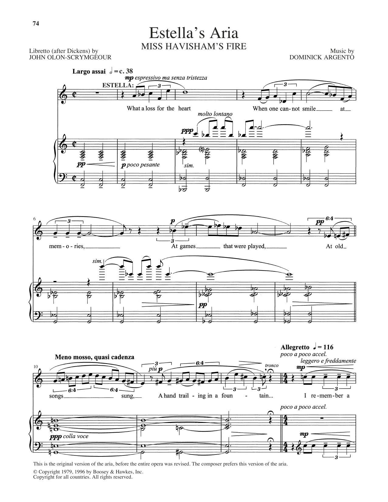 Dominick Argento Estella's Aria sheet music notes and chords arranged for Piano & Vocal