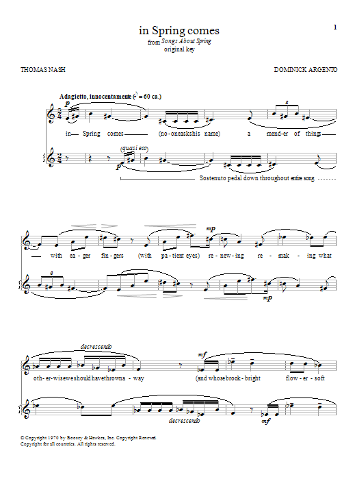 Dominick Argento in Spring comes sheet music notes and chords arranged for Piano & Vocal