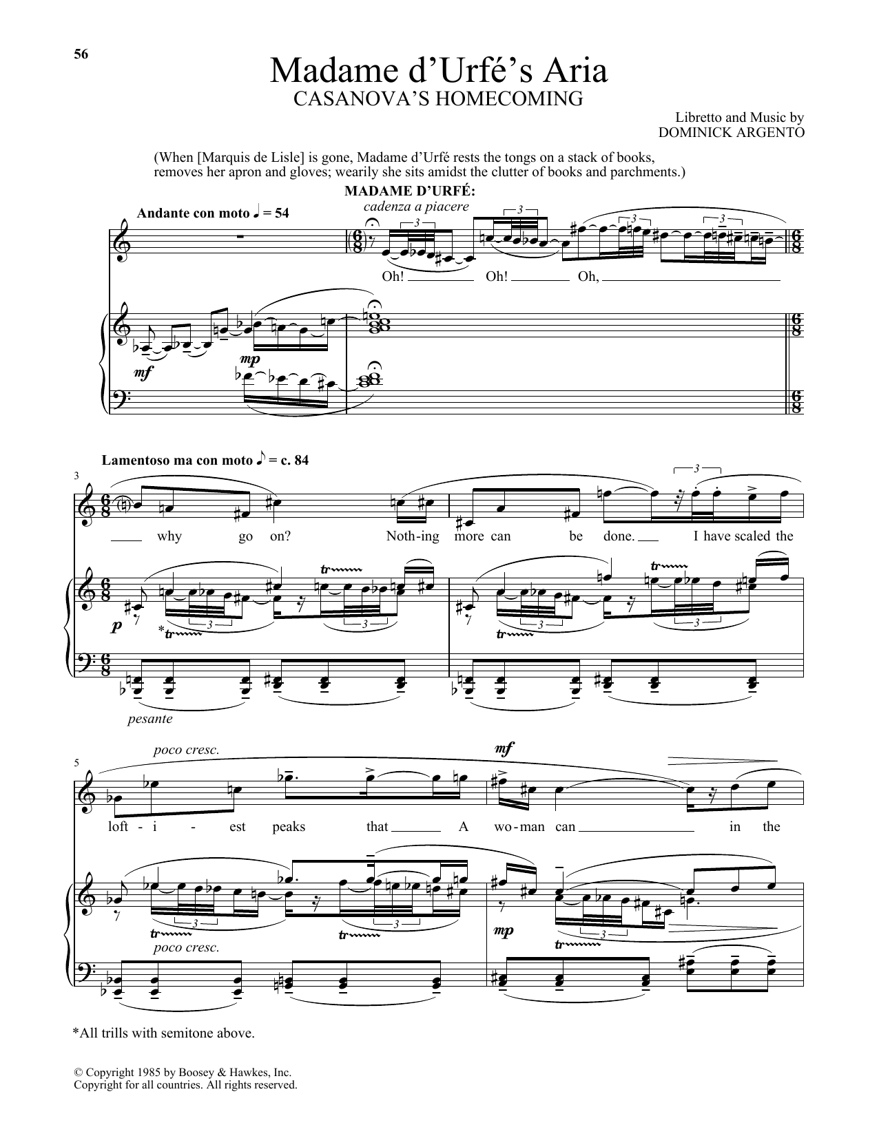 Dominick Argento Madame d'Urfe's Aria (from Casanova's Homecoming) sheet music notes and chords arranged for Piano & Vocal