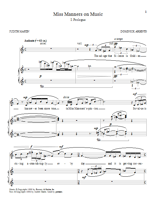 Dominick Argento Miss Manners on Music sheet music notes and chords arranged for Piano & Vocal