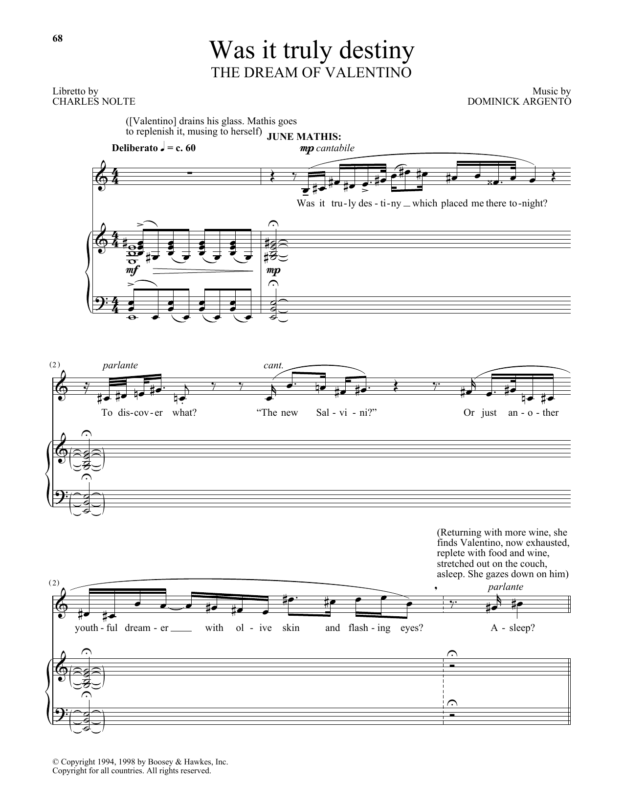 Dominick Argento Was it truly destiny (from The Dream Of Valentino) sheet music notes and chords arranged for Piano & Vocal