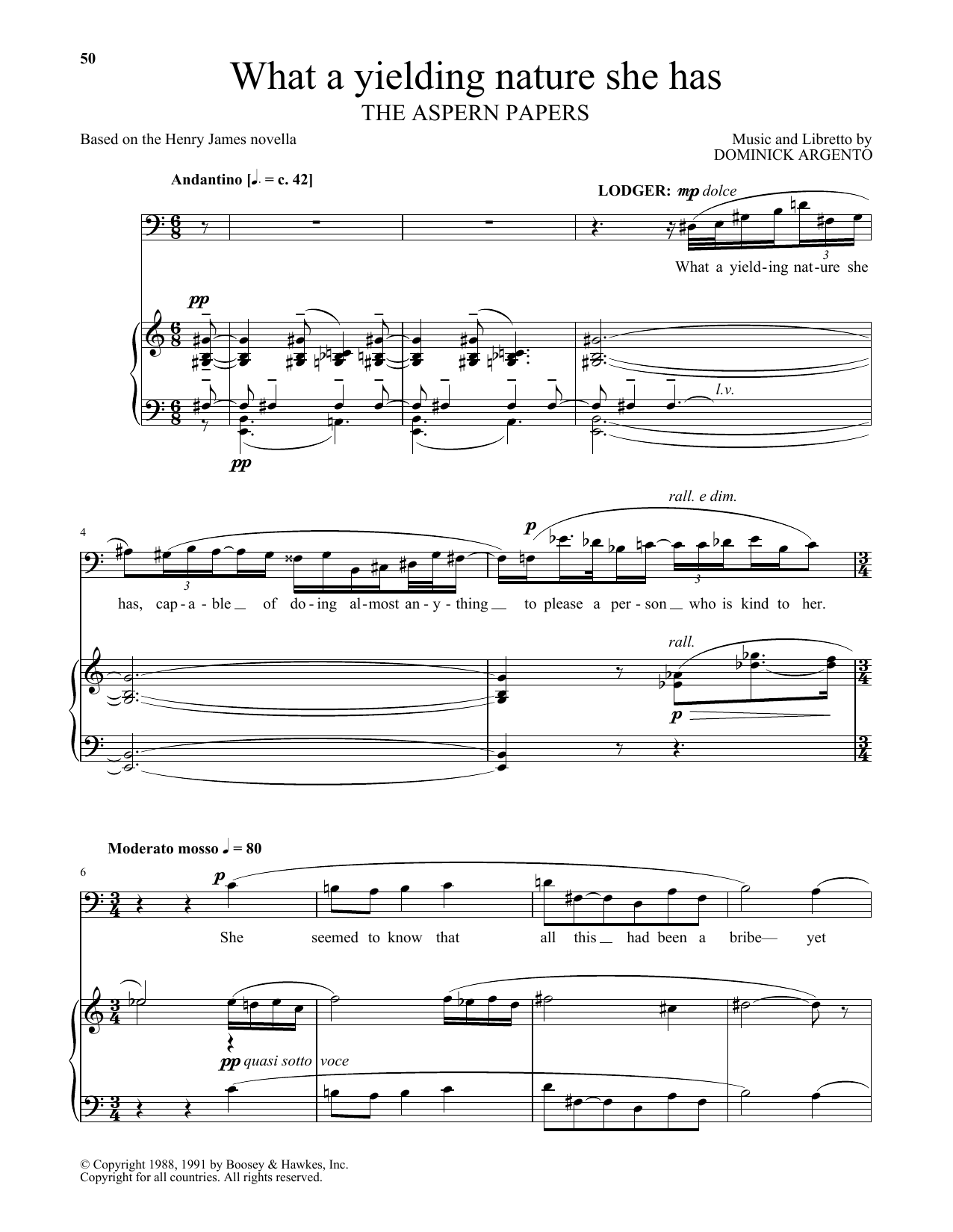 Dominick Argento What a yielding nature she has (from The Aspern Papers) sheet music notes and chords arranged for Piano & Vocal