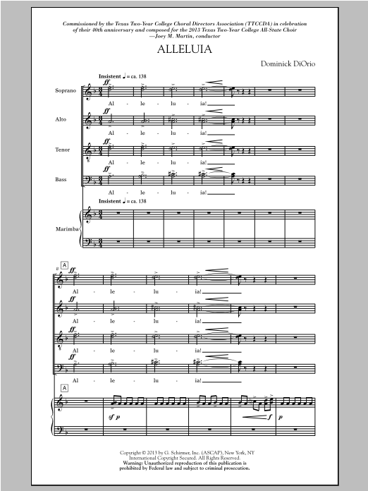 Dominick DiOrio Alleluia (Includes Marimba) sheet music notes and chords arranged for SATB Choir