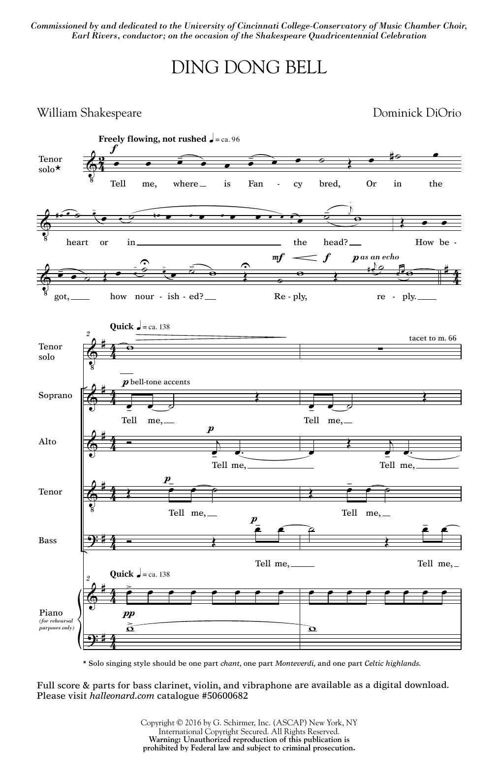 Dominick DiOrio Ding Dong Bell sheet music notes and chords arranged for SATB Choir