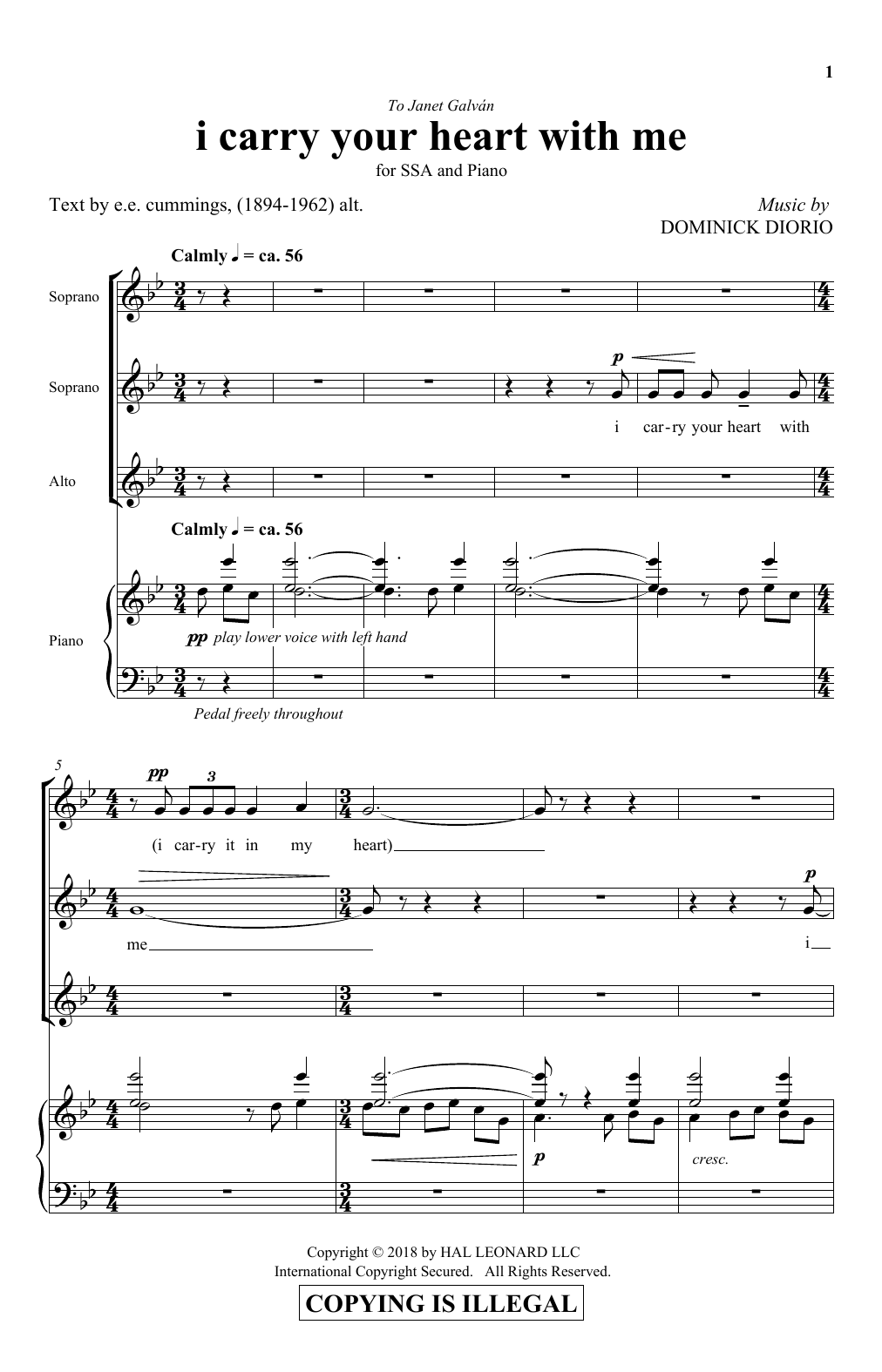 Dominick DiOrio I Carry Your Heart sheet music notes and chords arranged for SSA Choir
