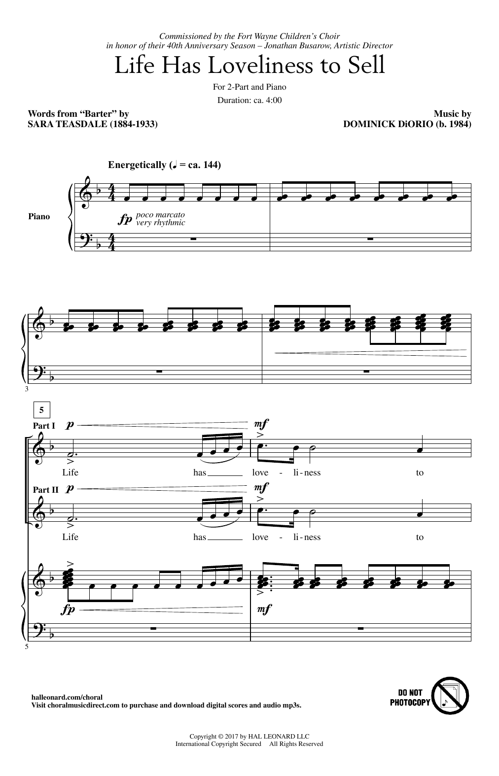 Dominick DiOrio Life Has Loveliness To Sell sheet music notes and chords arranged for 2-Part Choir