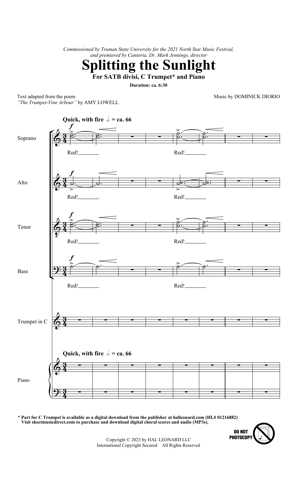 Dominick DiOrio Splitting The Sunlight sheet music notes and chords arranged for SATB Choir
