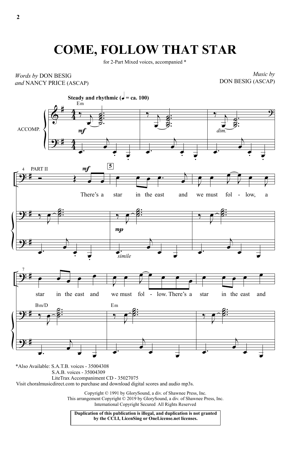 Don Besig & Nancy Price Come, Follow That Star sheet music notes and chords arranged for 2-Part Choir