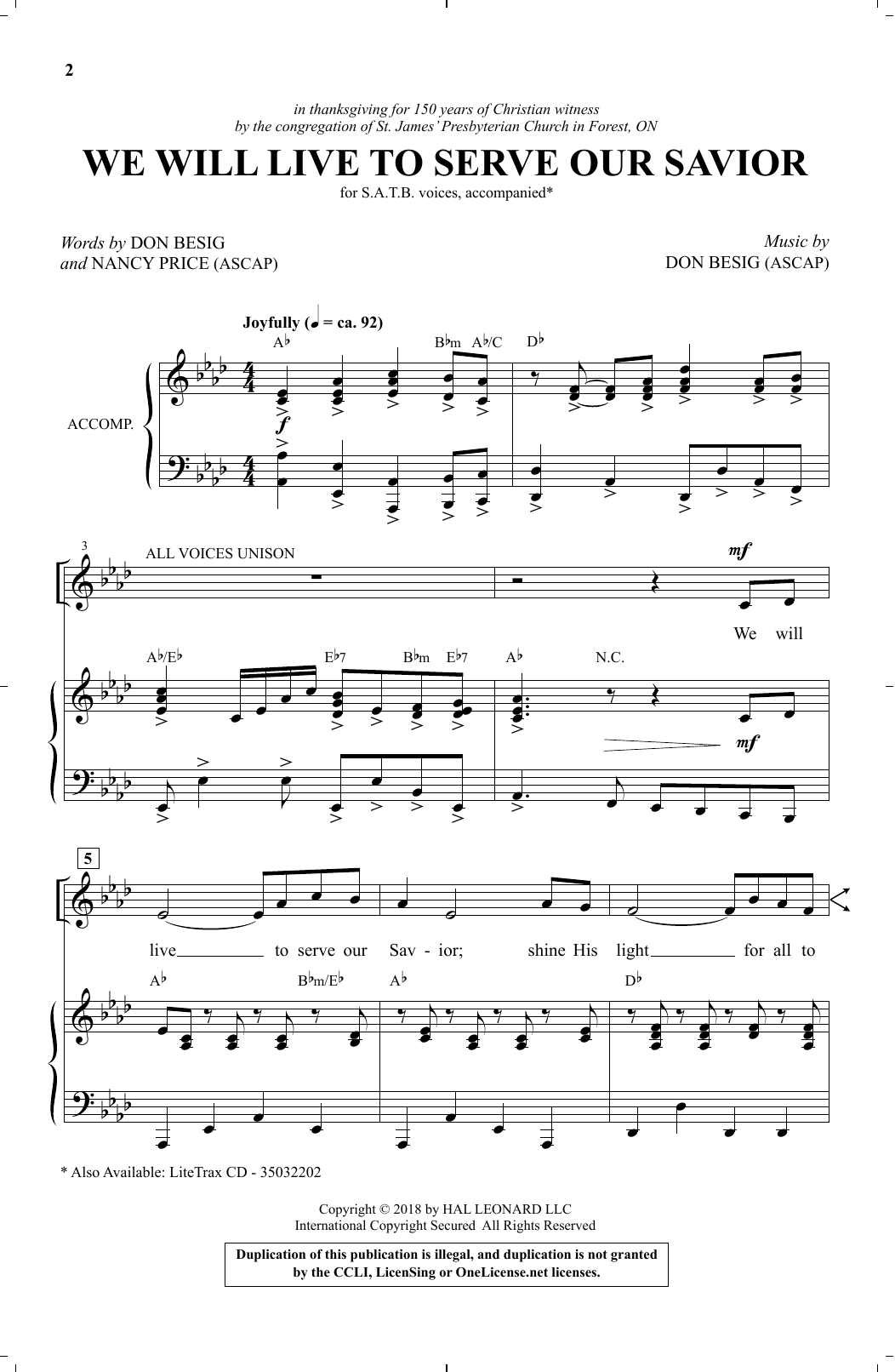 Don Besig & Nancy Price We Will Live To Serve Our Savior sheet music notes and chords arranged for SATB Choir