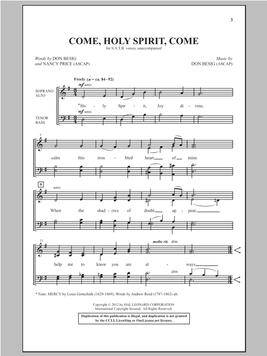 Don Besig and Nancy Price Come, Holy Spirit, Come sheet music notes and chords arranged for SATB Choir