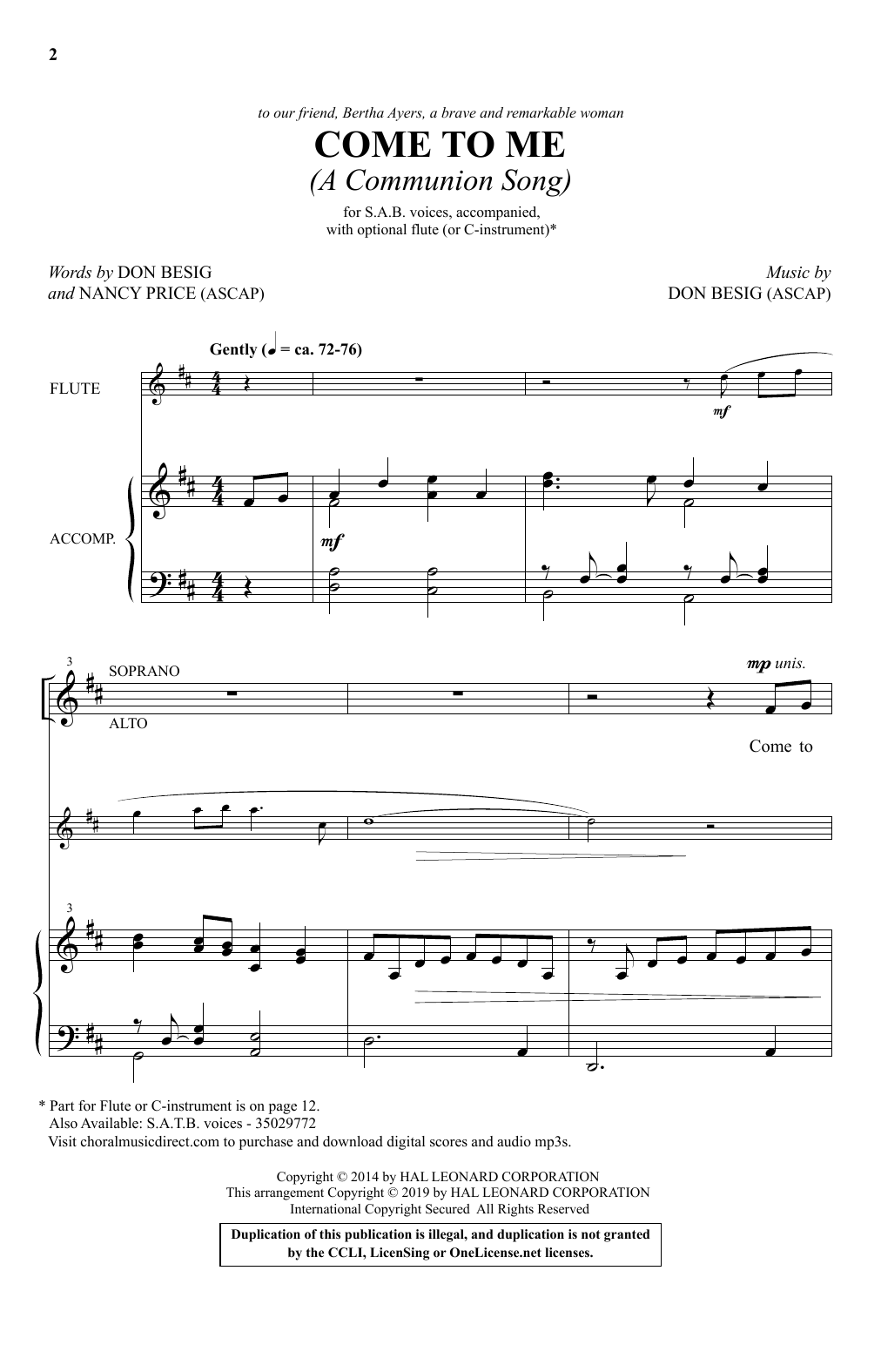 Don Besig and Nancy Price Come To Me (A Communion Song) sheet music notes and chords arranged for SAB Choir