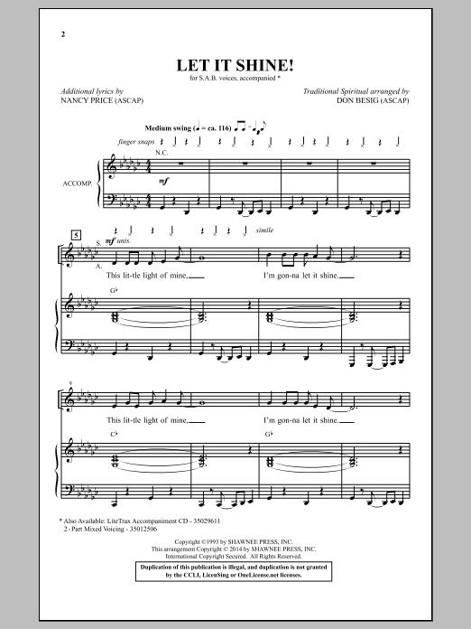 Don Besig Let It Shine sheet music notes and chords arranged for SAB Choir