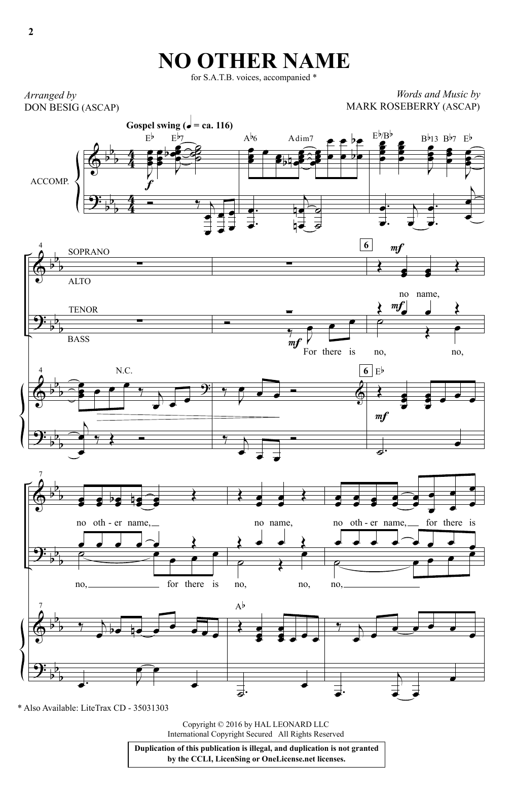 Don Besig No Other Name sheet music notes and chords arranged for SATB Choir