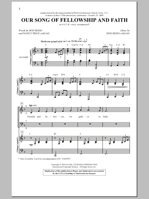 Don Besig Our Song Of Fellowship And Faith sheet music notes and chords arranged for SATB Choir