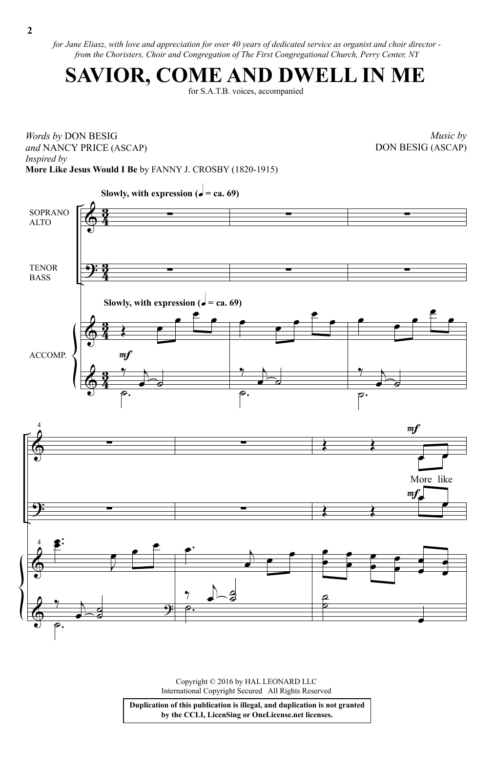Don Besig Savior, Come And Dwell In Me sheet music notes and chords arranged for SATB Choir