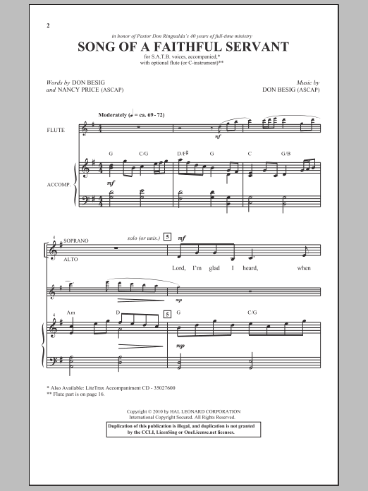 Don Besig Song Of A Faithful Servant sheet music notes and chords arranged for SATB Choir