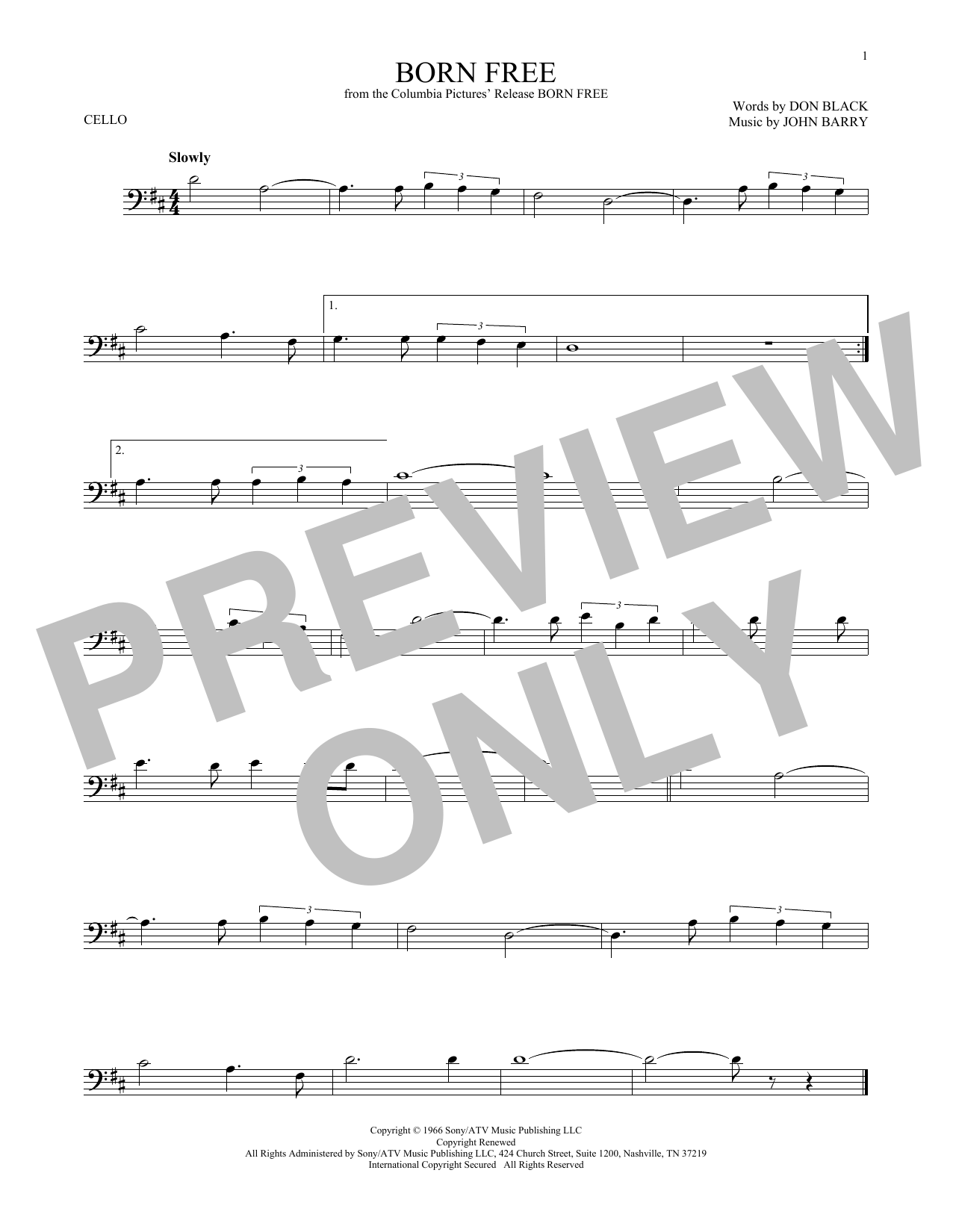 Don Black Born Free sheet music notes and chords arranged for Cello Solo