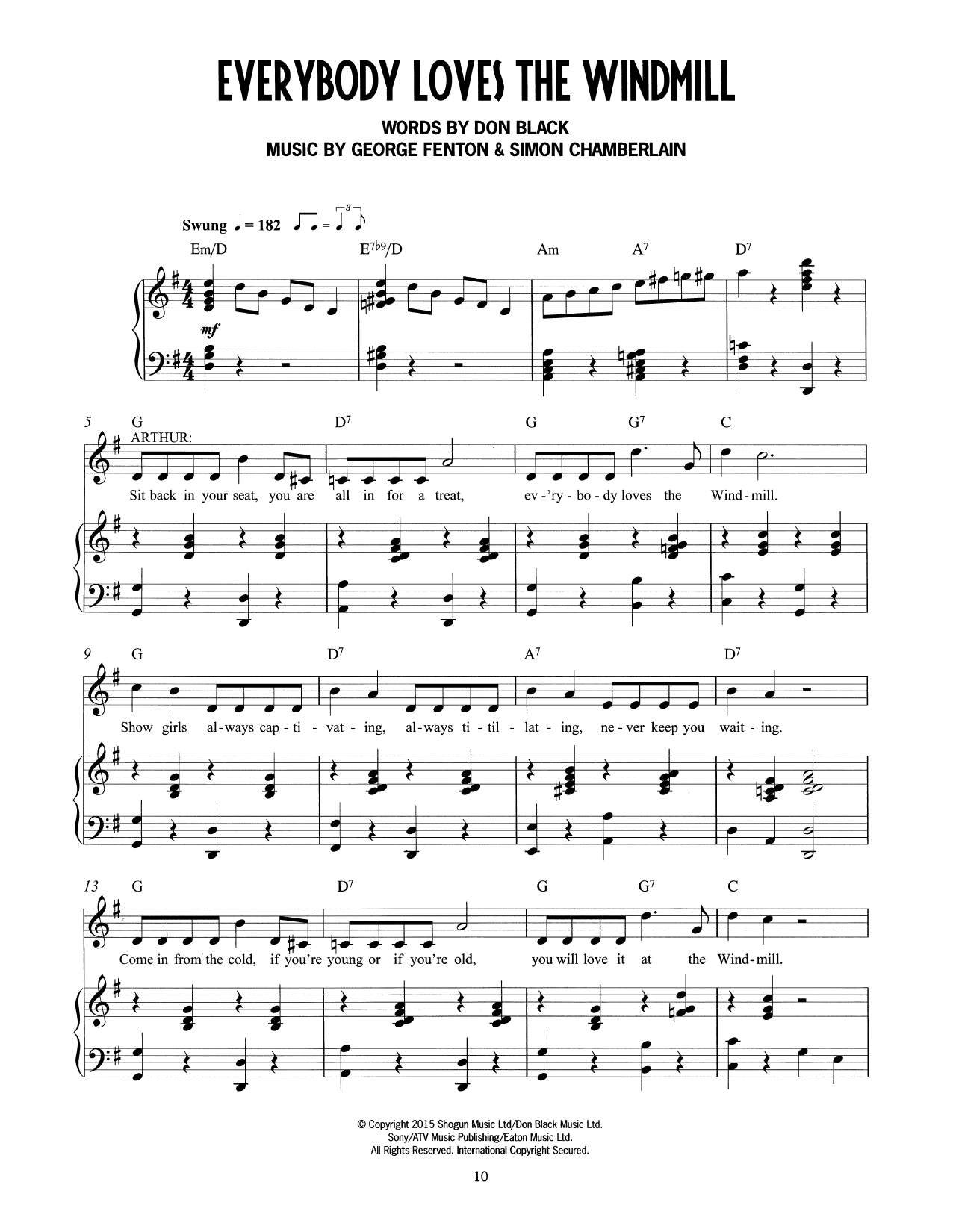 Don Black, George Fenton & Simon Chamberlain Everybody Loves The Windmill (from Mrs Henderson Presents) sheet music notes and chords arranged for Piano & Vocal
