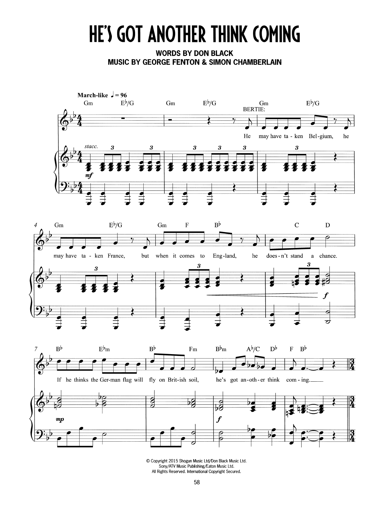 Don Black, George Fenton & Simon Chamberlain He's Got Another Thing Coming (from Mrs Henderson Presents) sheet music notes and chords arranged for Piano & Vocal