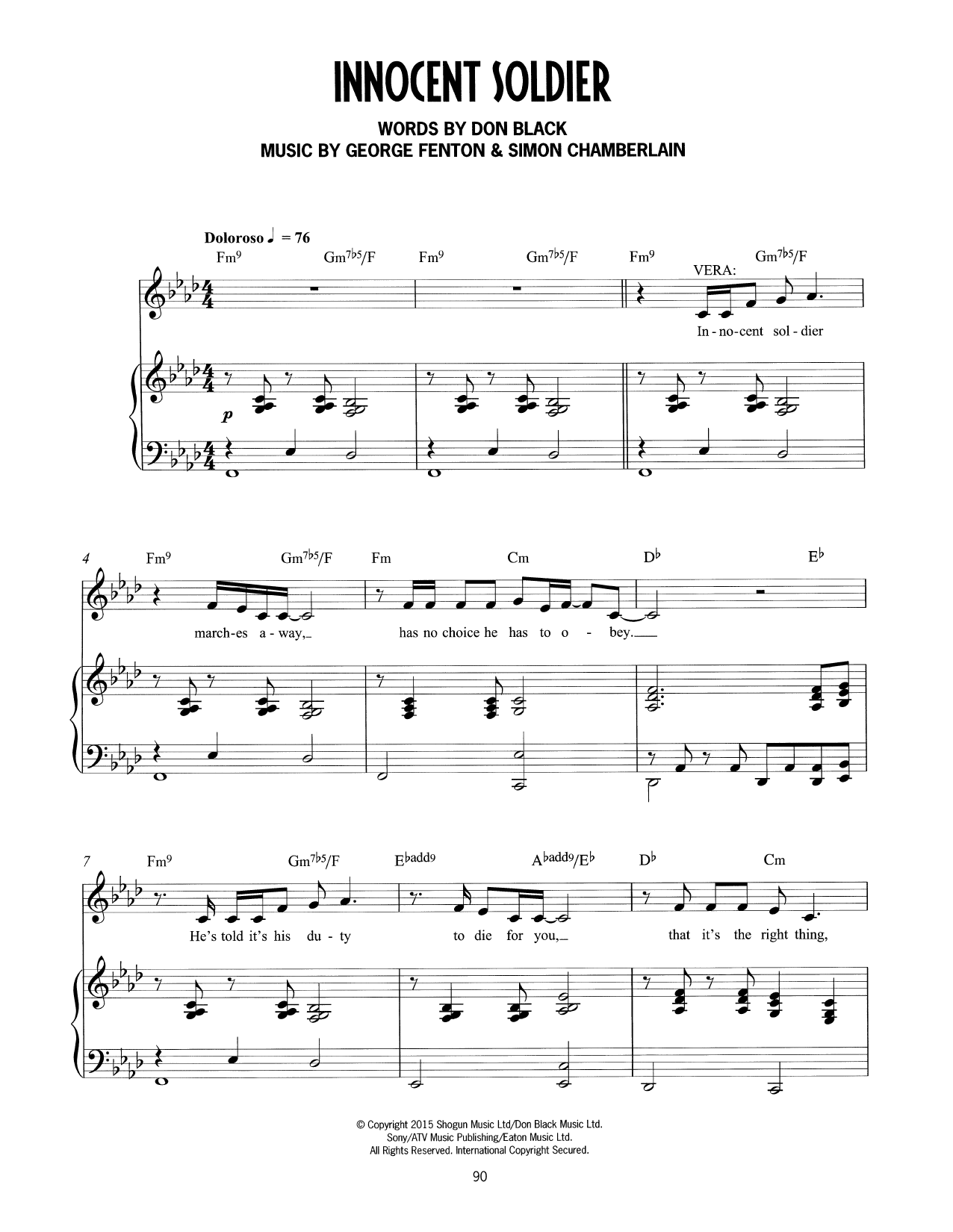 Don Black, George Fenton & Simon Chamberlain Innocent Soldier (from Mrs Henderson Presents) sheet music notes and chords arranged for Piano & Vocal