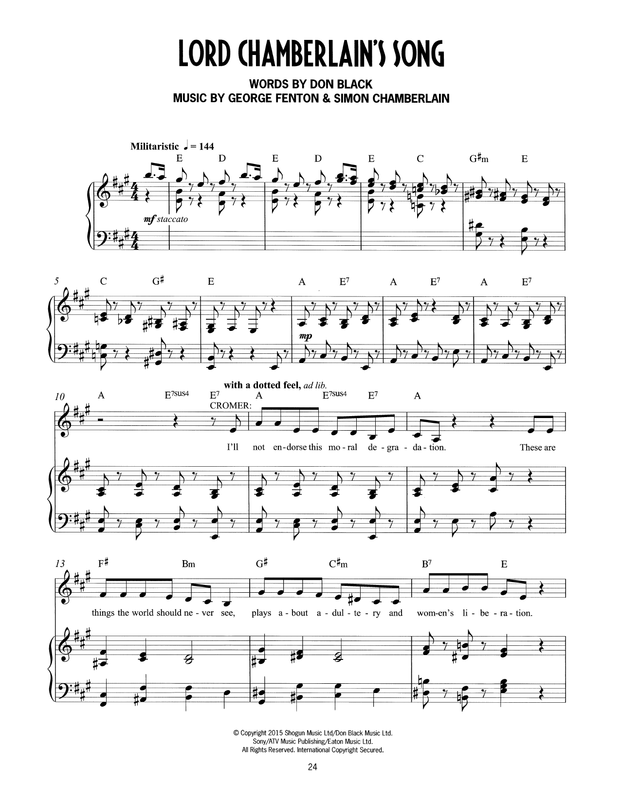 Don Black, George Fenton & Simon Chamberlain Lord Chamberlain's Song (from Mrs Henderson Presents) sheet music notes and chords arranged for Piano & Vocal