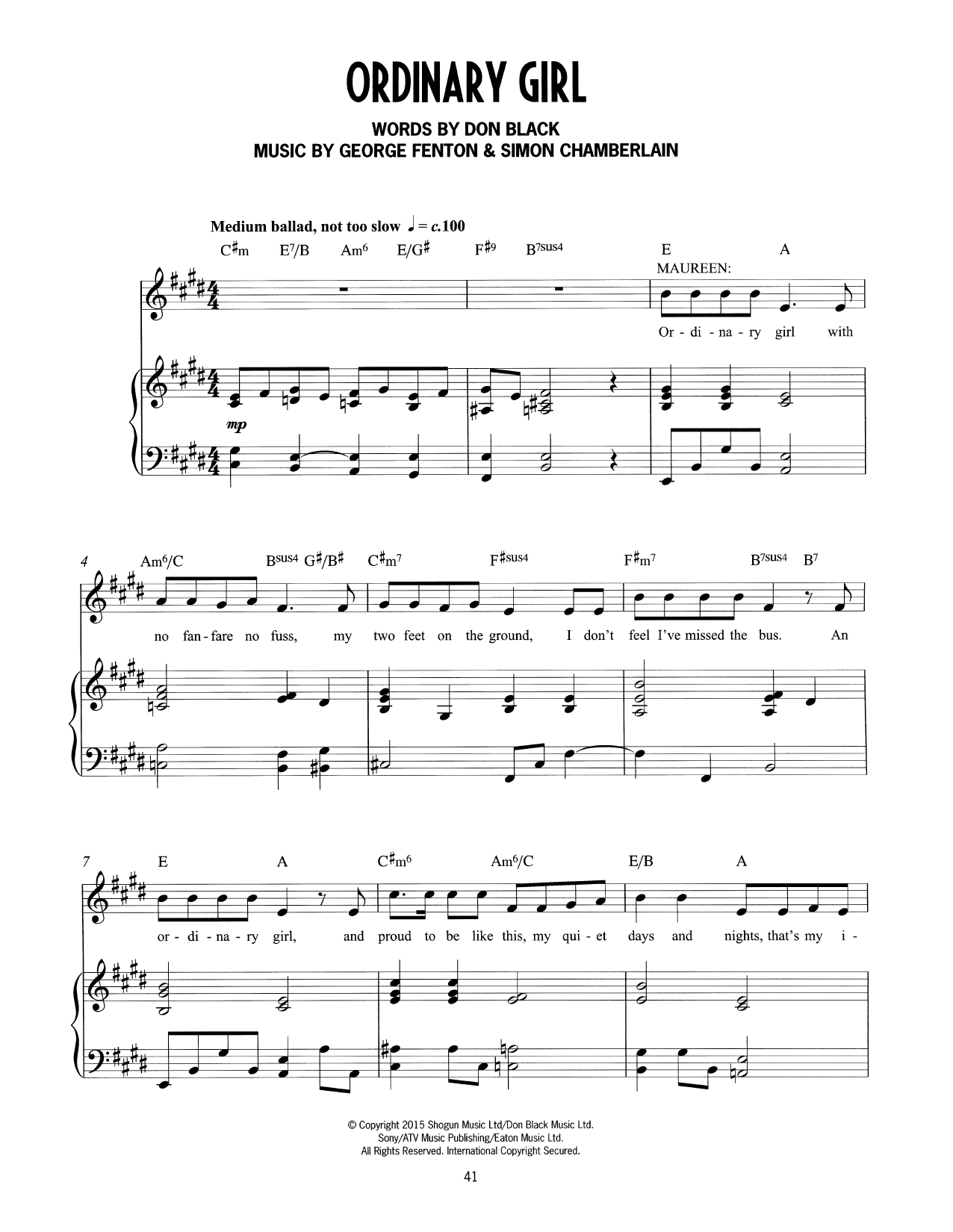 Don Black, George Fenton & Simon Chamberlain Ordinary Girl (from Mrs Henderson Presents) sheet music notes and chords arranged for Piano & Vocal
