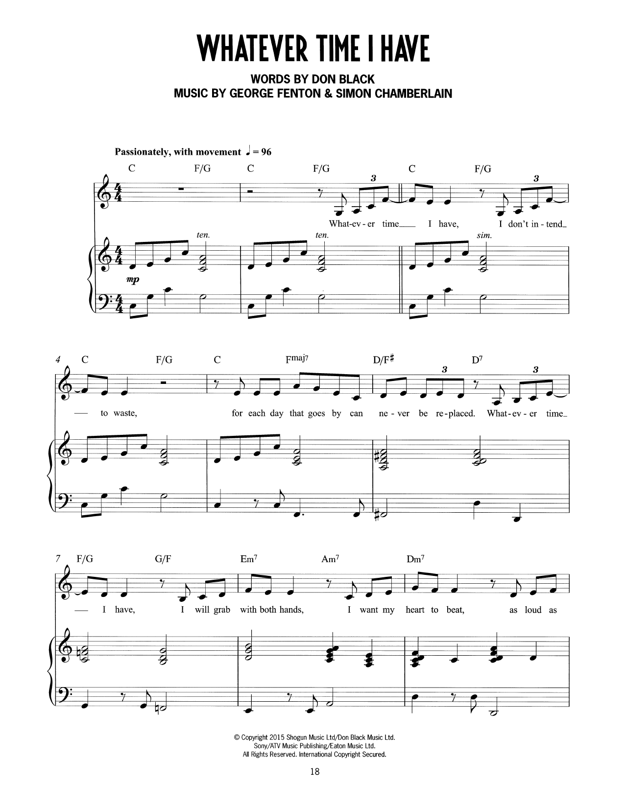 Don Black, George Fenton & Simon Chamberlain Whatever Time I Have (from Mrs Henderson Presents) sheet music notes and chords arranged for Piano & Vocal