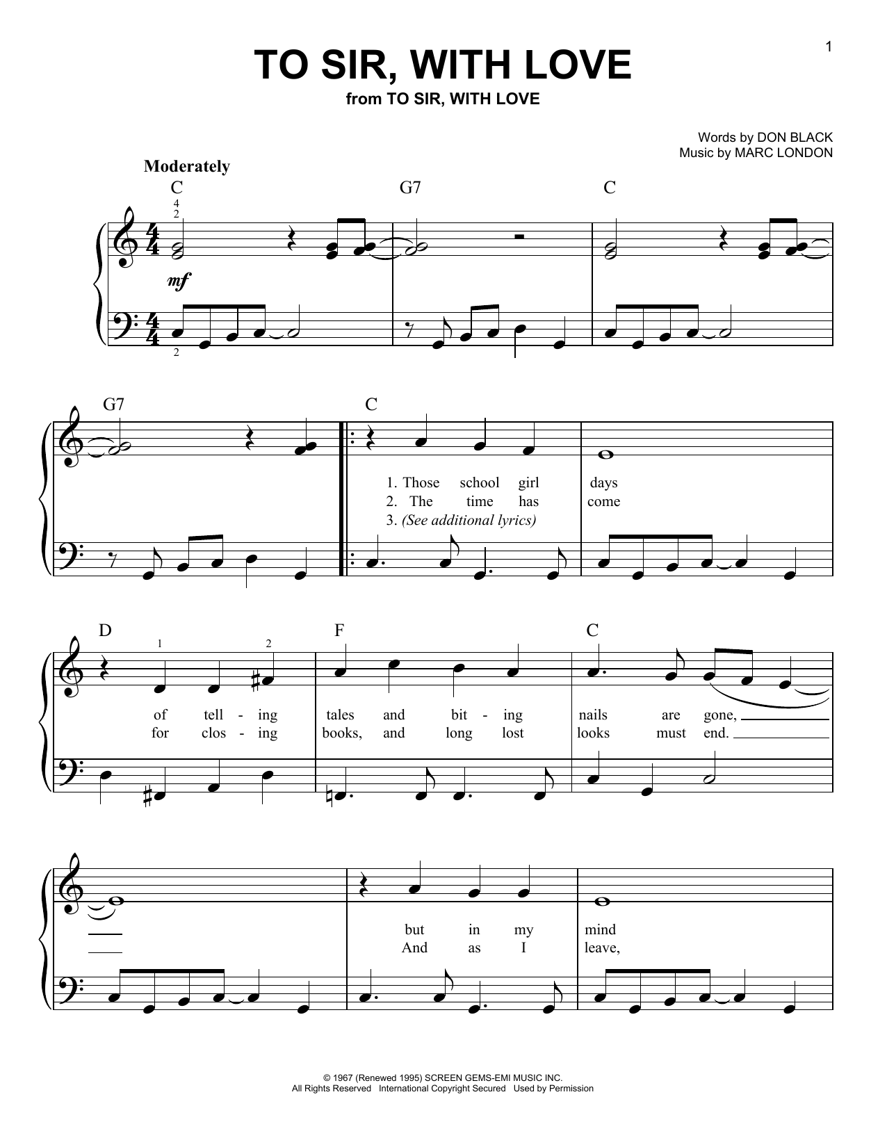 Don Black To Sir, With Love sheet music notes and chords arranged for Easy Piano