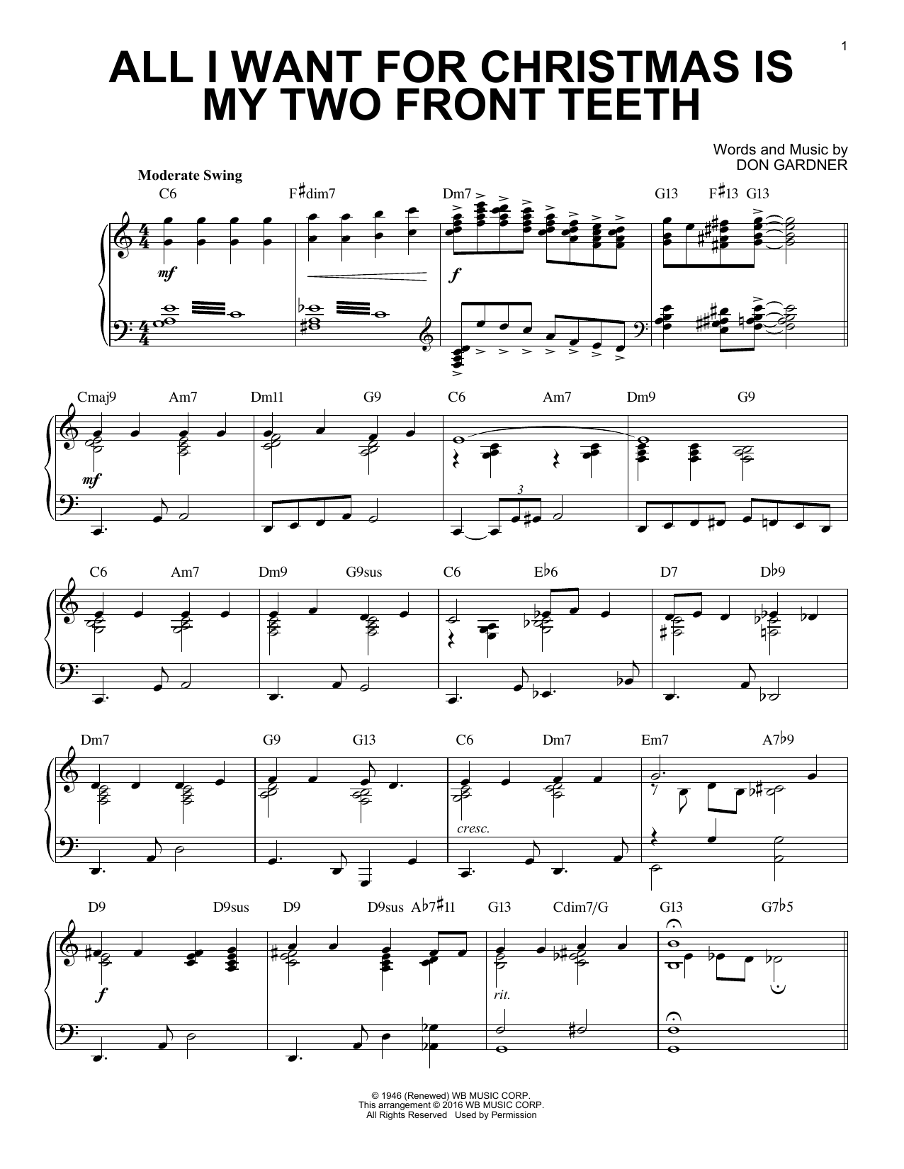 Don Gardner All I Want For Christmas Is My Two Front Teeth (arr. Brent Edstrom) [Jazz version] sheet music notes and chords arranged for Piano Solo