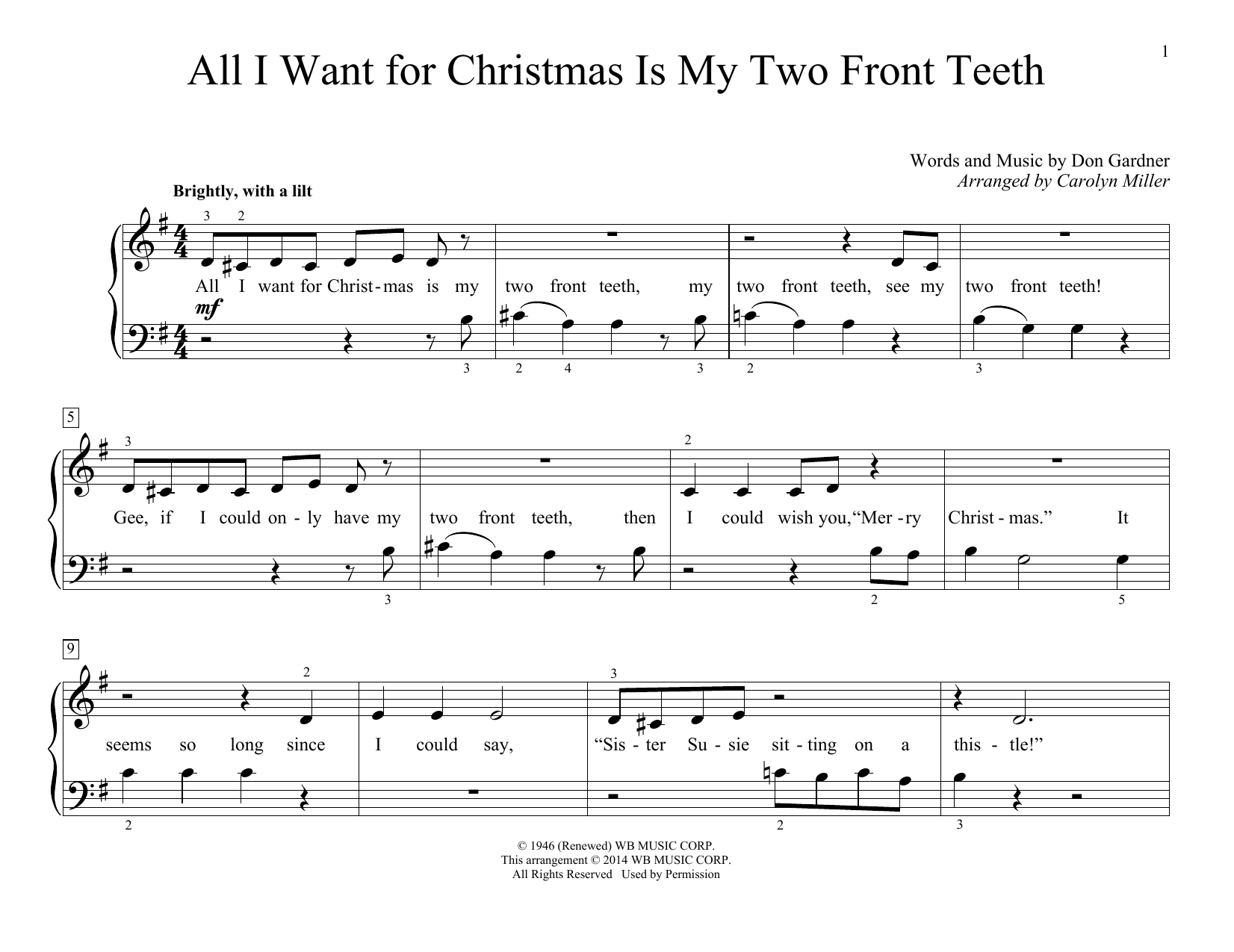 Don Gardner All I Want For Christmas Is My Two Front Teeth (arr. Carolyn Miller) sheet music notes and chords arranged for Educational Piano