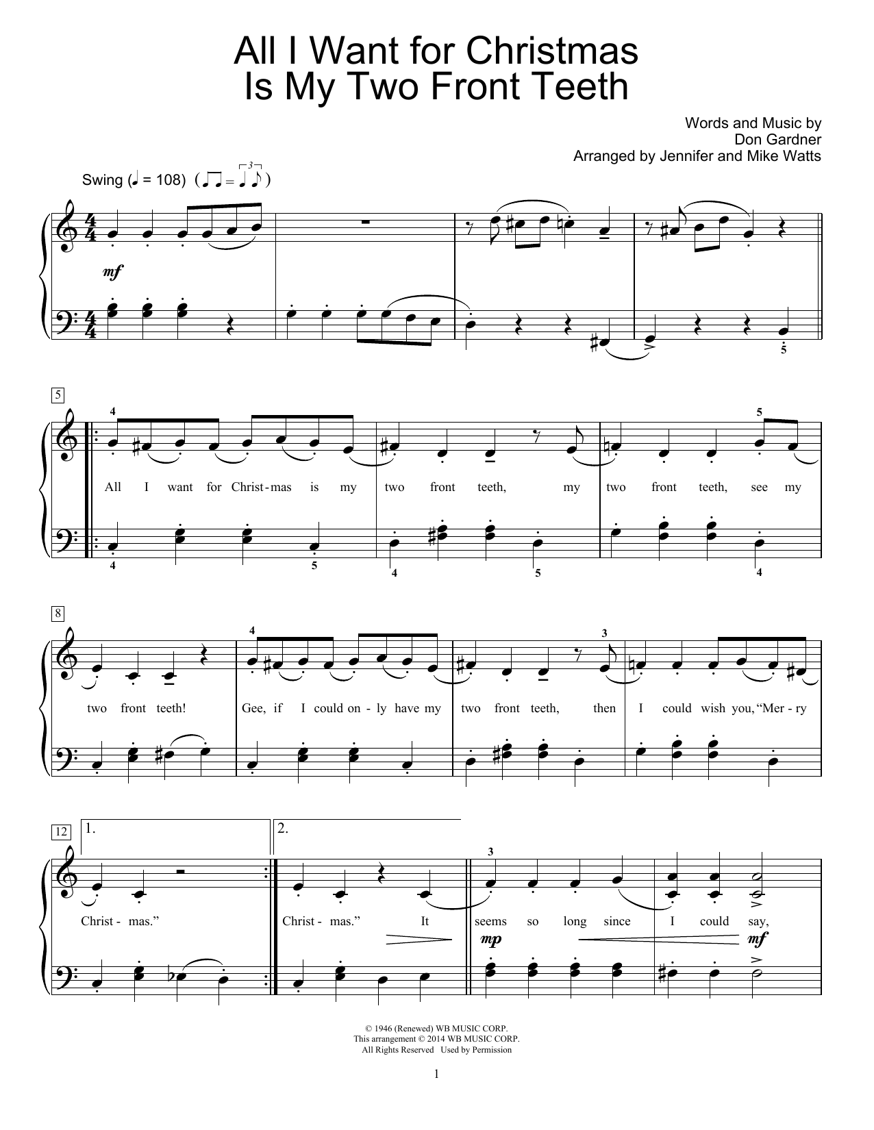 Don Gardner All I Want For Christmas Is My Two Front Teeth (arr. Jennifer & Mike Watts) sheet music notes and chords arranged for Educational Piano