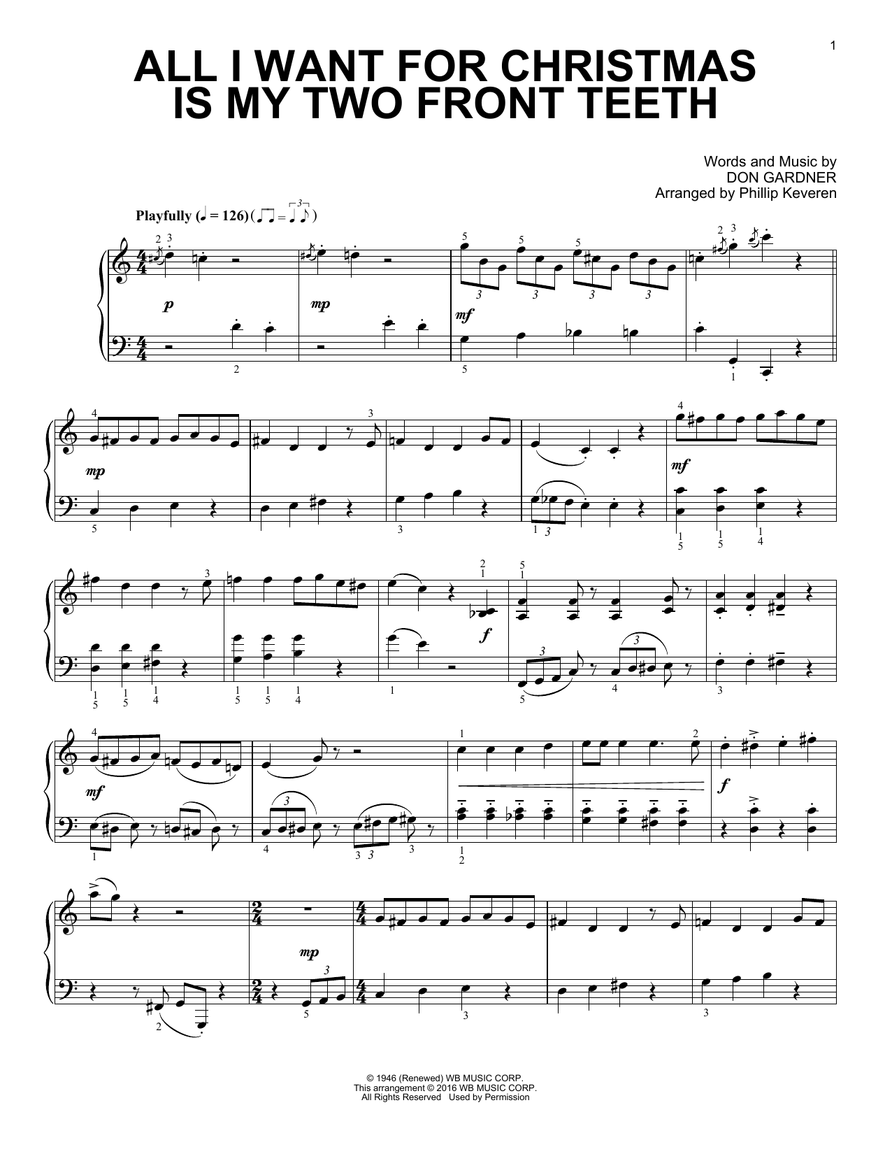 Don Gardner All I Want For Christmas Is My Two Front Teeth (arr. Phillip Keveren) sheet music notes and chords arranged for Piano Solo