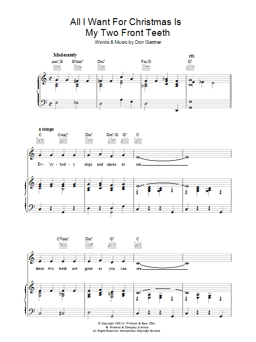 Don Gardner All I Want For Christmas Is My Two Front Teeth sheet music notes and chords arranged for Super Easy Piano