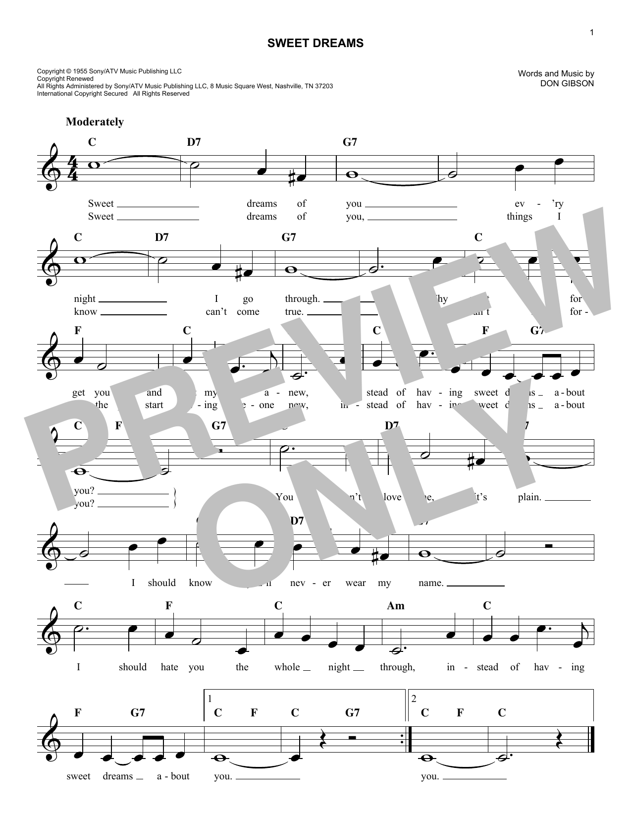 Don Gibson Sweet Dreams sheet music notes and chords arranged for Easy Lead Sheet / Fake Book
