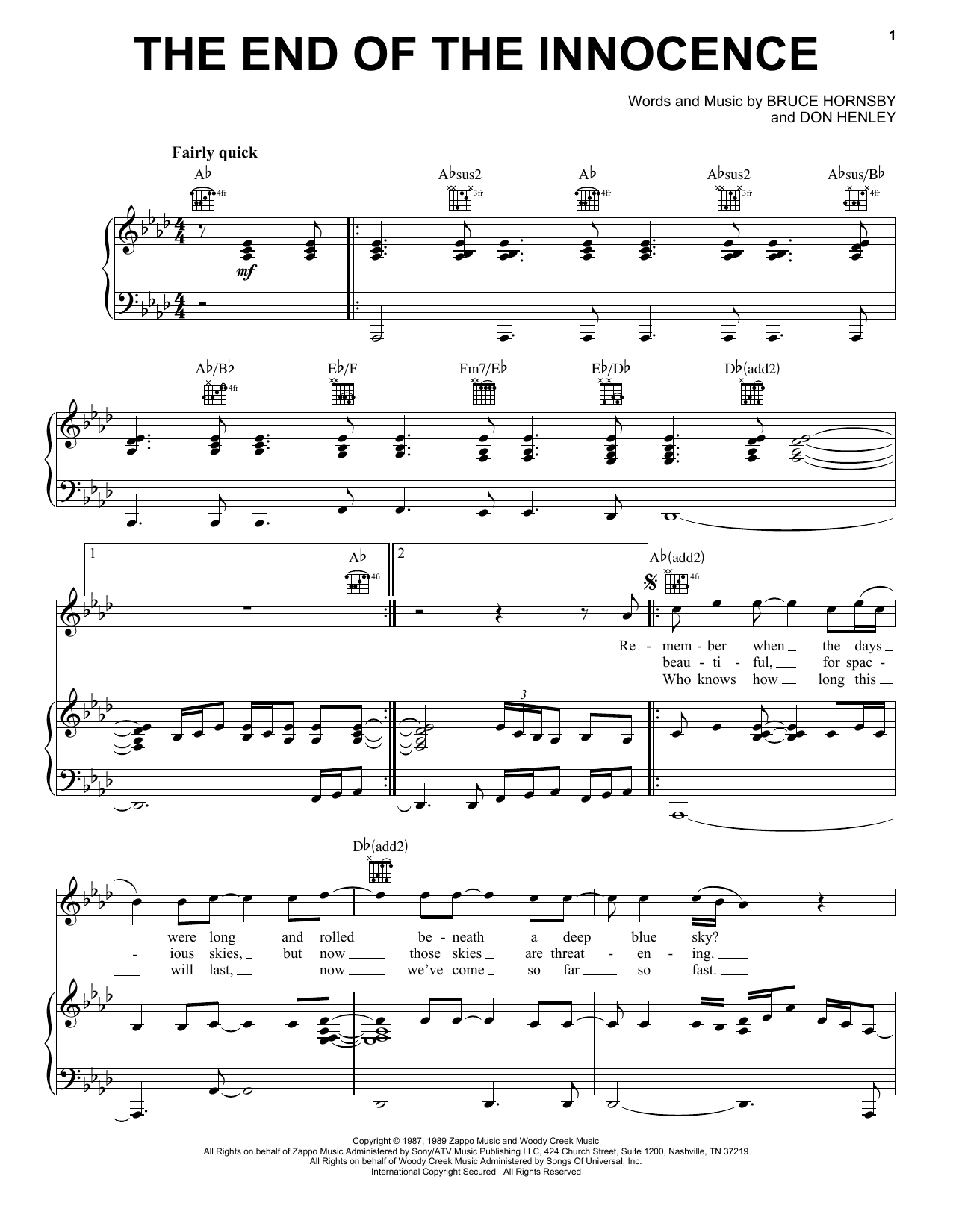 Don Henley The End Of The Innocence sheet music notes and chords arranged for Easy Piano