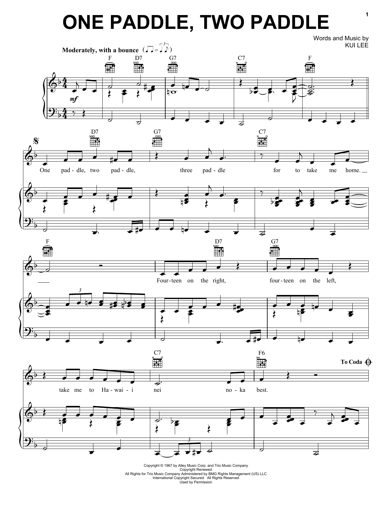 Don Ho One Paddle, Two Paddle sheet music notes and chords arranged for Piano, Vocal & Guitar Chords (Right-Hand Melody)