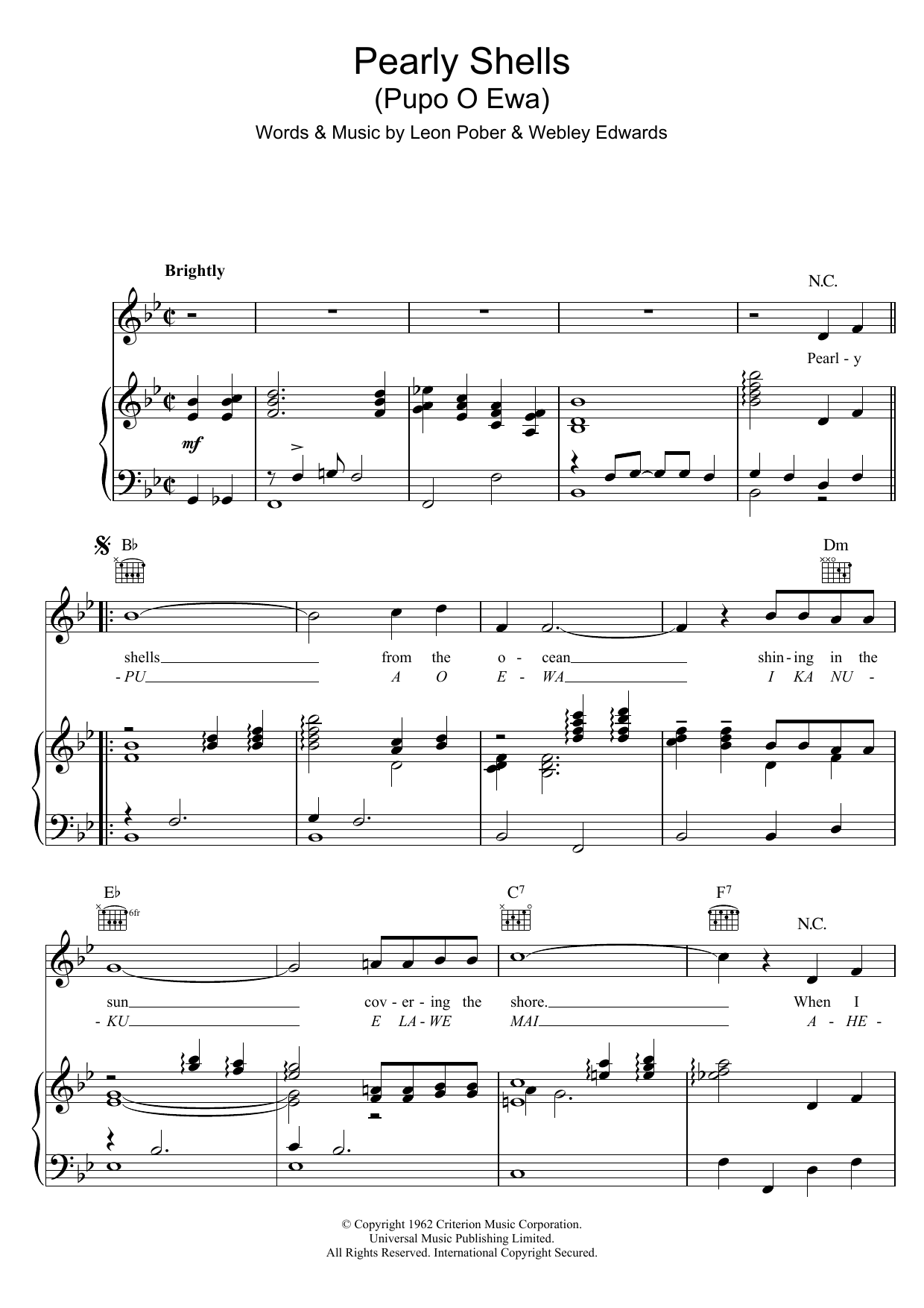 Don Ho Pearly Shells sheet music notes and chords arranged for Piano, Vocal & Guitar Chords
