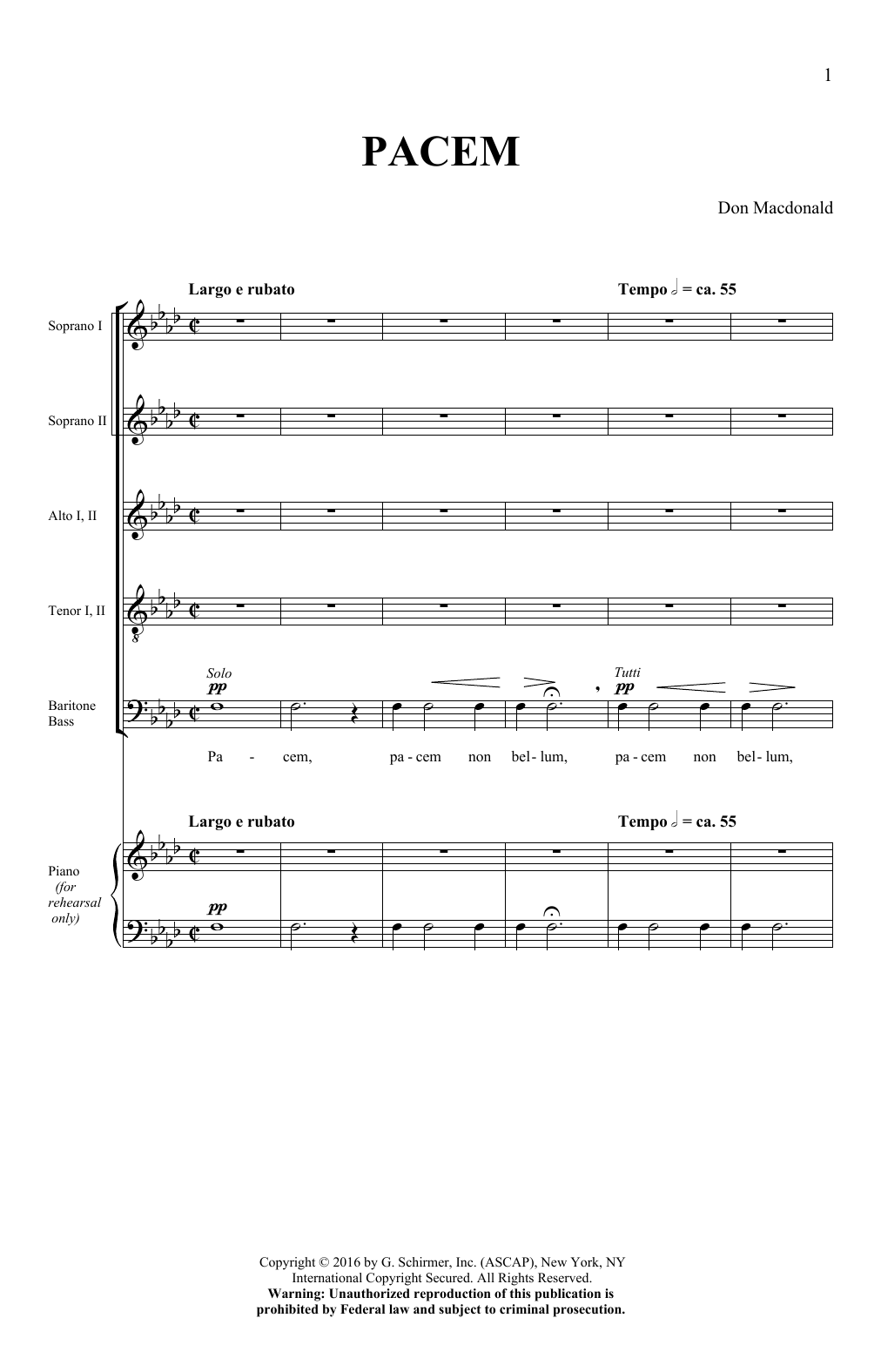Don MacDonald Pacem sheet music notes and chords arranged for SATB Choir