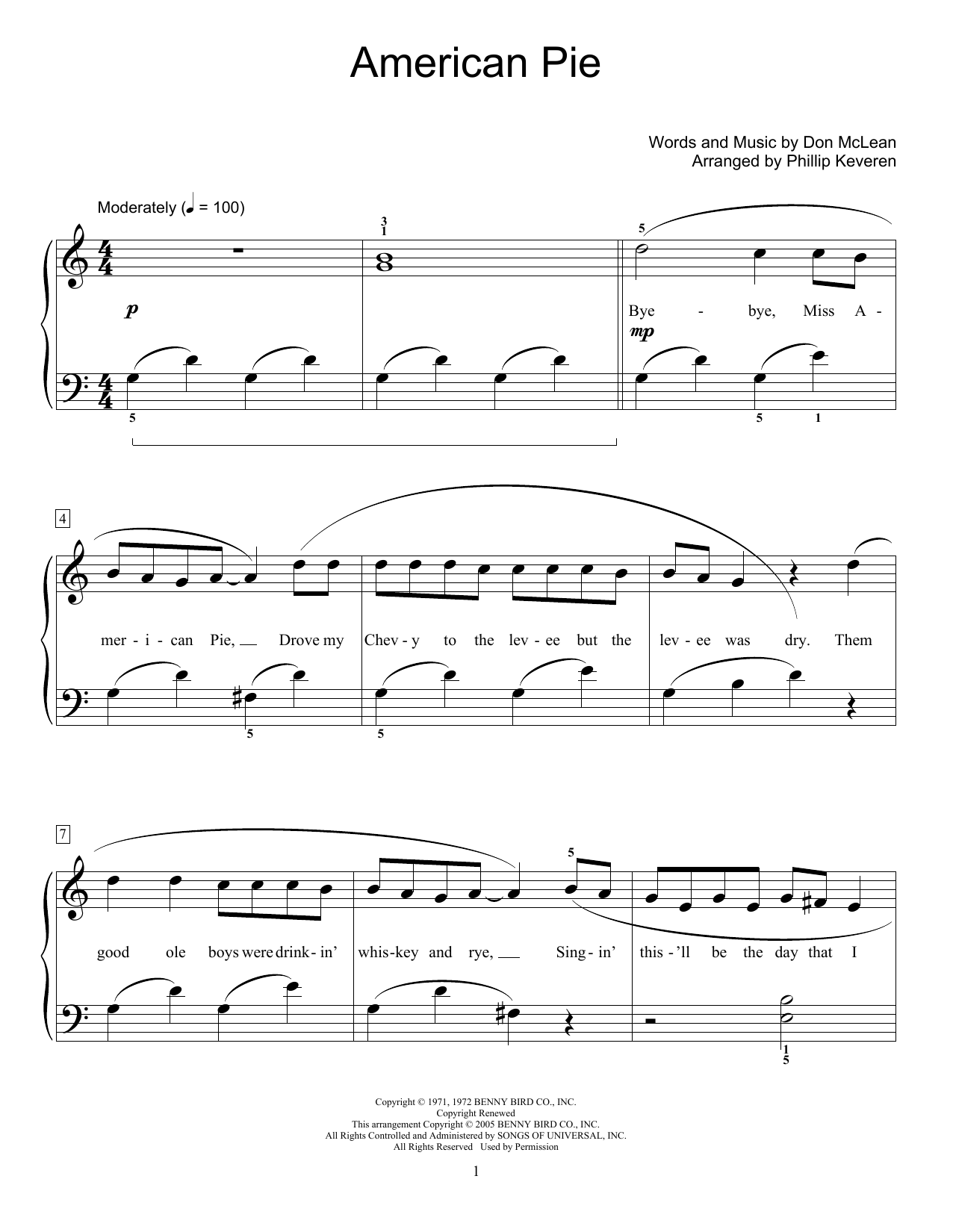 Don McLean American Pie (arr. Phillip Keveren) sheet music notes and chords arranged for Educational Piano
