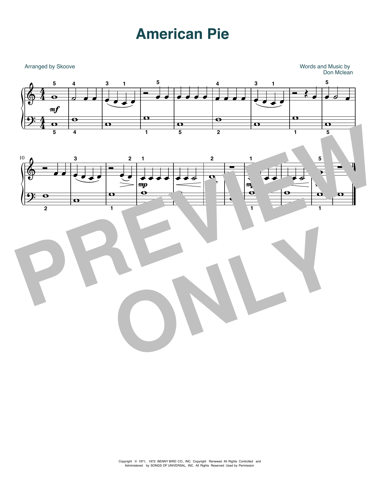 Don McLean American Pie (arr. Skoove) sheet music notes and chords arranged for Beginner Piano (Abridged)