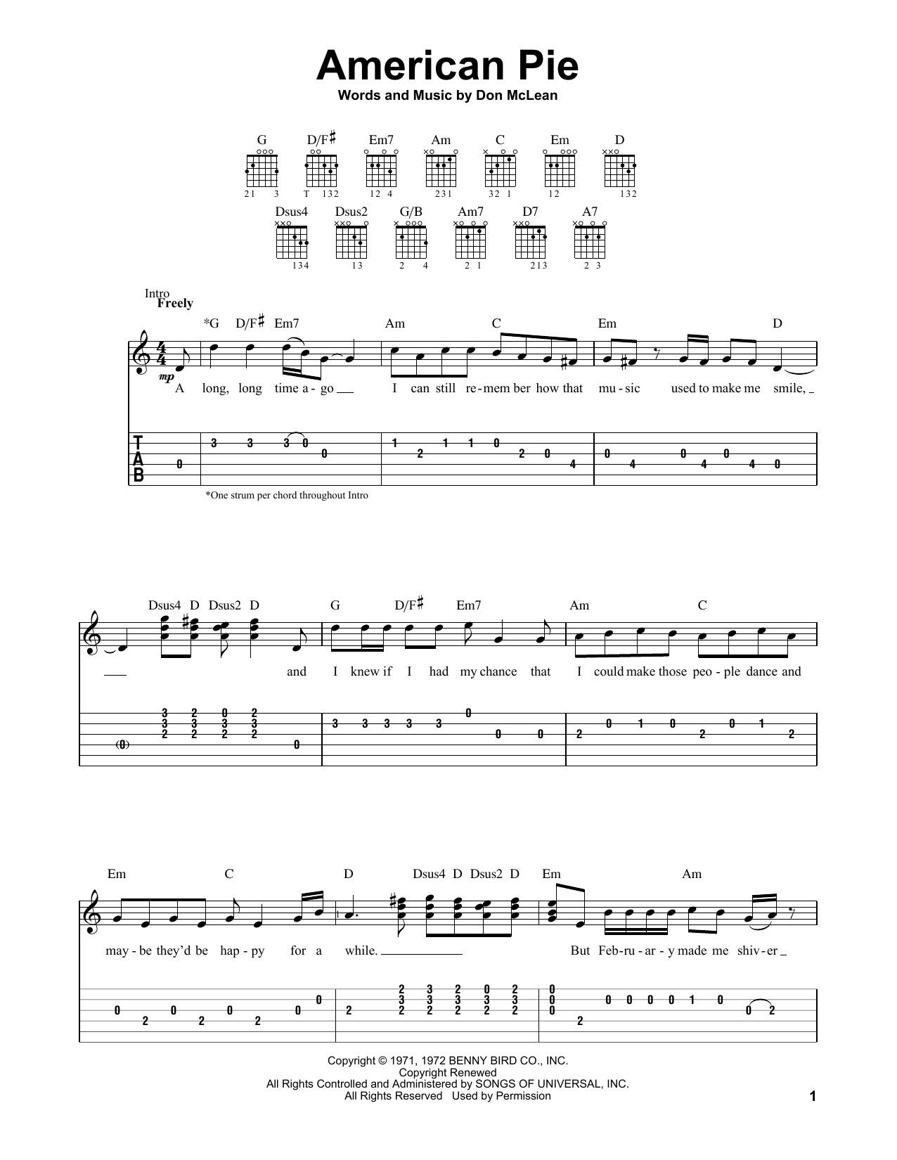 Don McLean American Pie sheet music notes and chords arranged for Ukulele Chords/Lyrics
