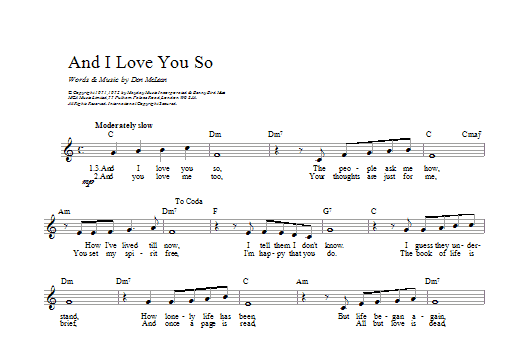 Don McLean And I Love You So sheet music notes and chords arranged for Ukulele Chords/Lyrics
