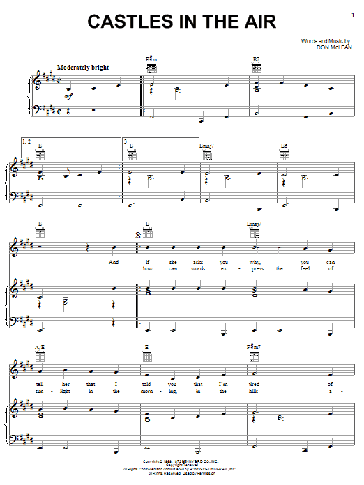 Don McLean Castles In The Air sheet music notes and chords arranged for Piano, Vocal & Guitar Chords (Right-Hand Melody)