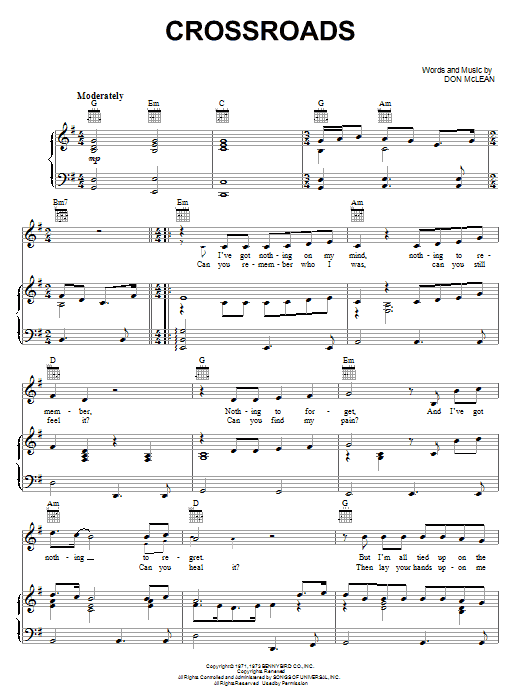 Don McLean Crossroads sheet music notes and chords arranged for Piano, Vocal & Guitar Chords (Right-Hand Melody)