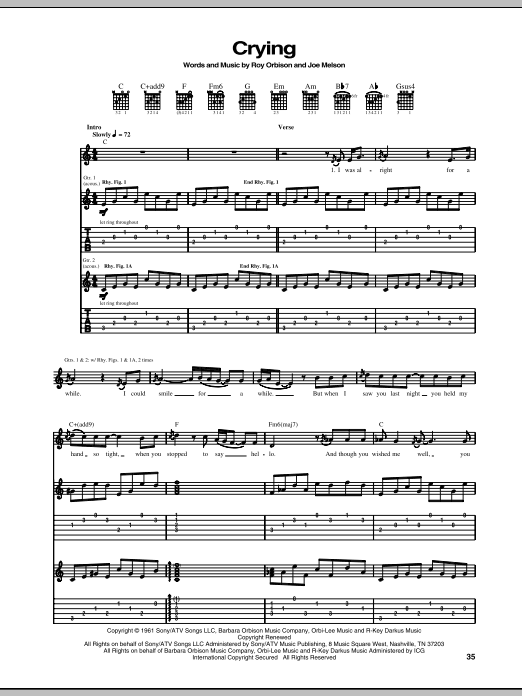 Don McLean Crying sheet music notes and chords arranged for Guitar Tab