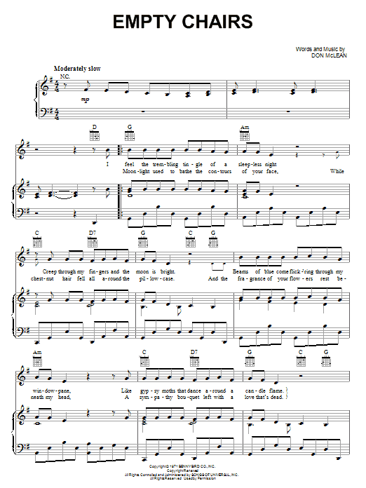 Don McLean Empty Chairs sheet music notes and chords arranged for Piano, Vocal & Guitar Chords (Right-Hand Melody)